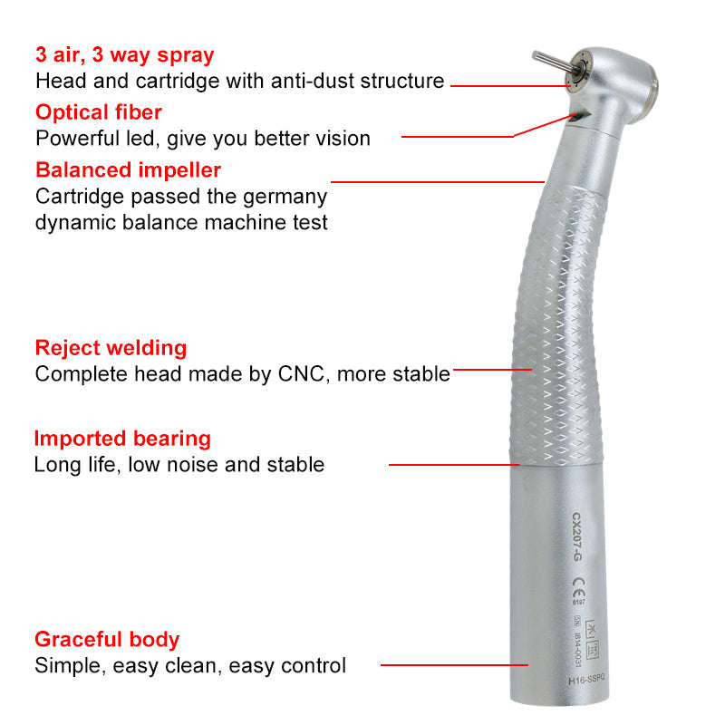 LED Dental Fiber Optic High Speed Handpiece 3 Way Spray With Quick Coupling