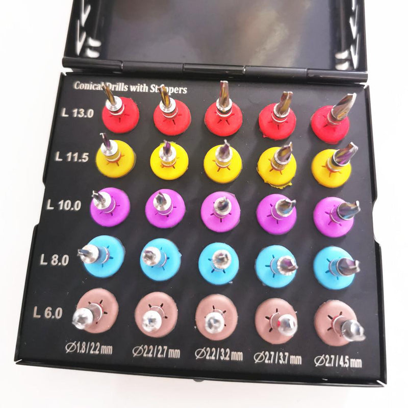 Dental Implant Conical Drills Kit 25 Pcs Black Coated